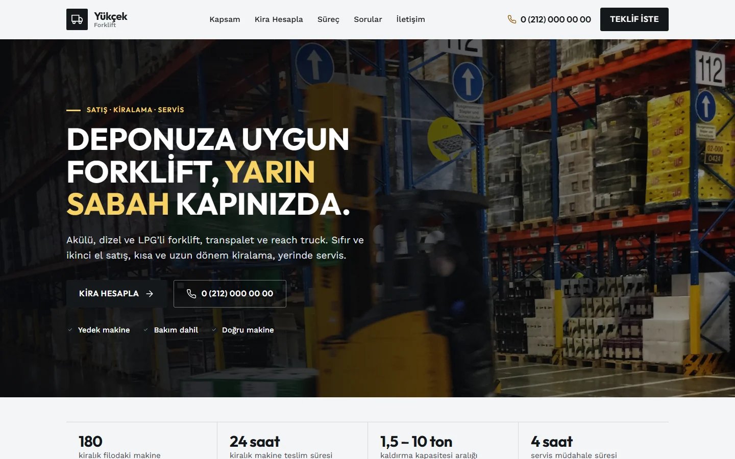 Forklift Satış, Kiralama ve Servis için örnek web sitesinin masaüstü açılış ekranı