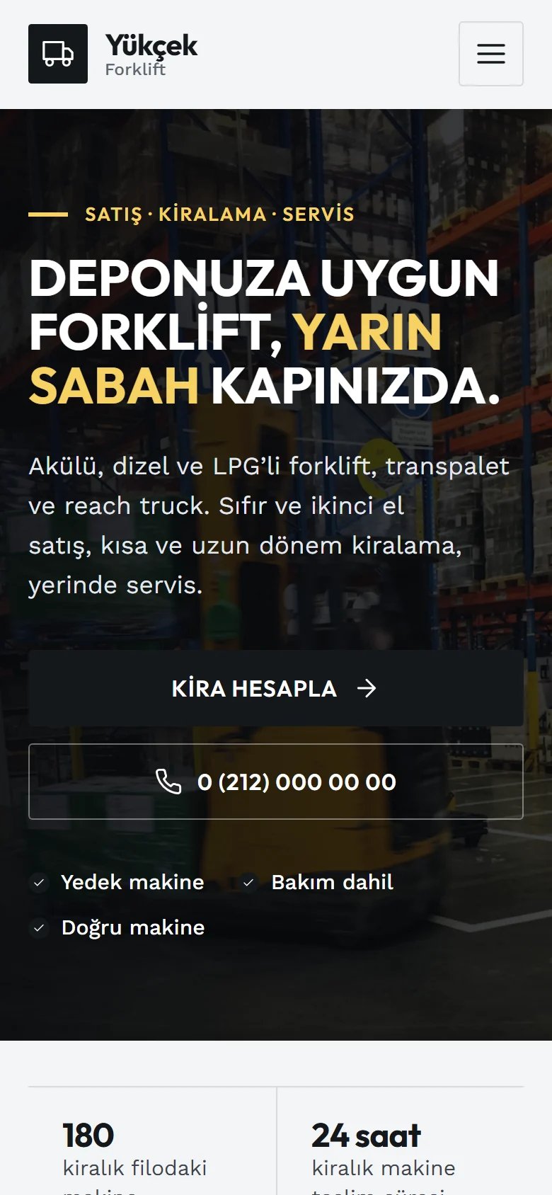 Forklift Satış, Kiralama ve Servis için örnek web sitesinin telefon görünümü