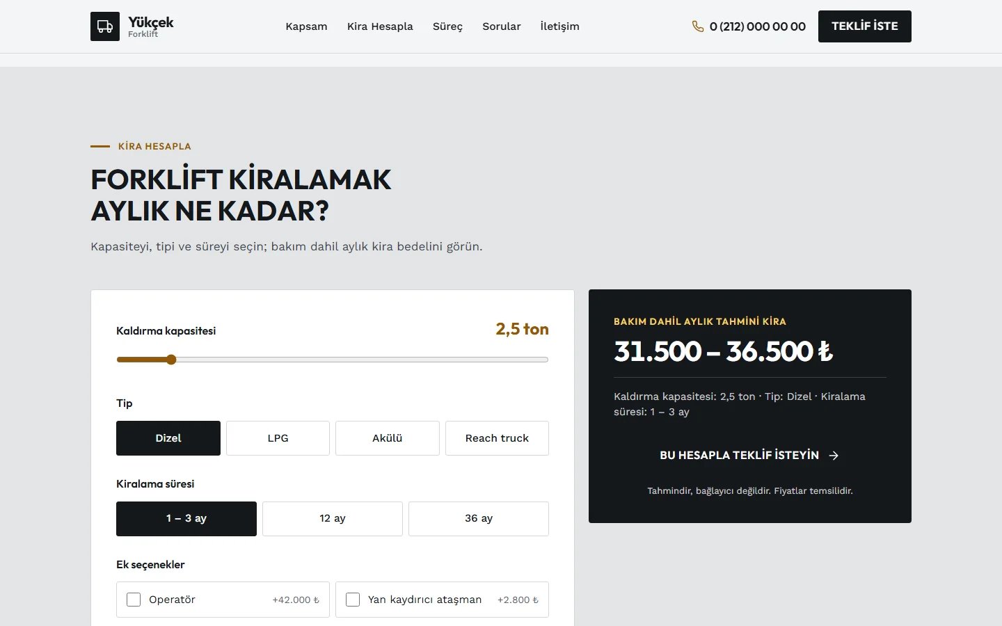 Forklift Satış, Kiralama ve Servis örnek web sitesinde hesaplama aracı bölümü