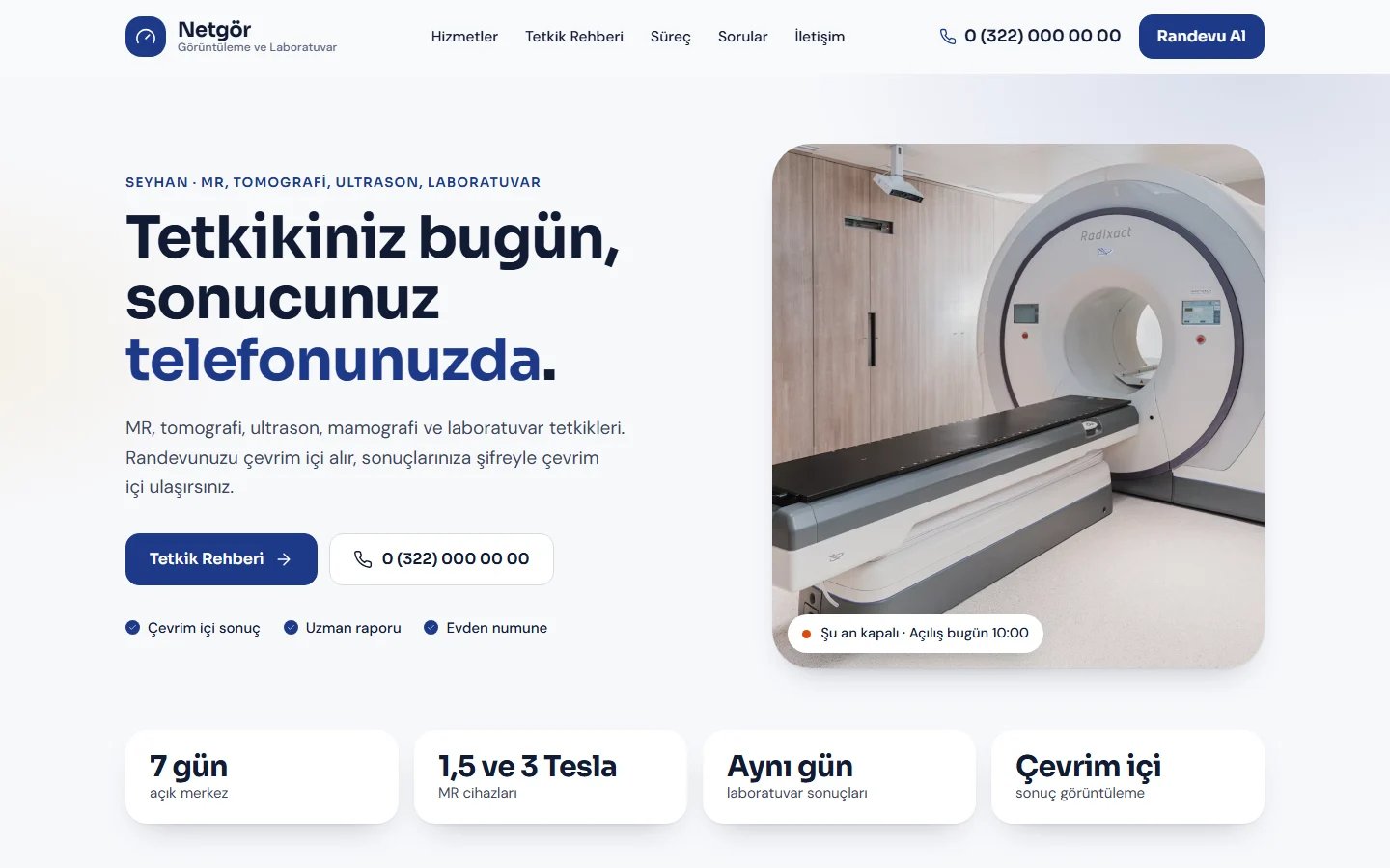 Görüntüleme ve Laboratuvar Merkezi için örnek web sitesinin masaüstü açılış ekranı