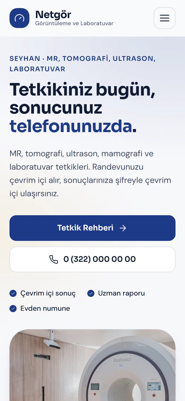 Görüntüleme ve Laboratuvar Merkezi için örnek web sitesinin telefon görünümü