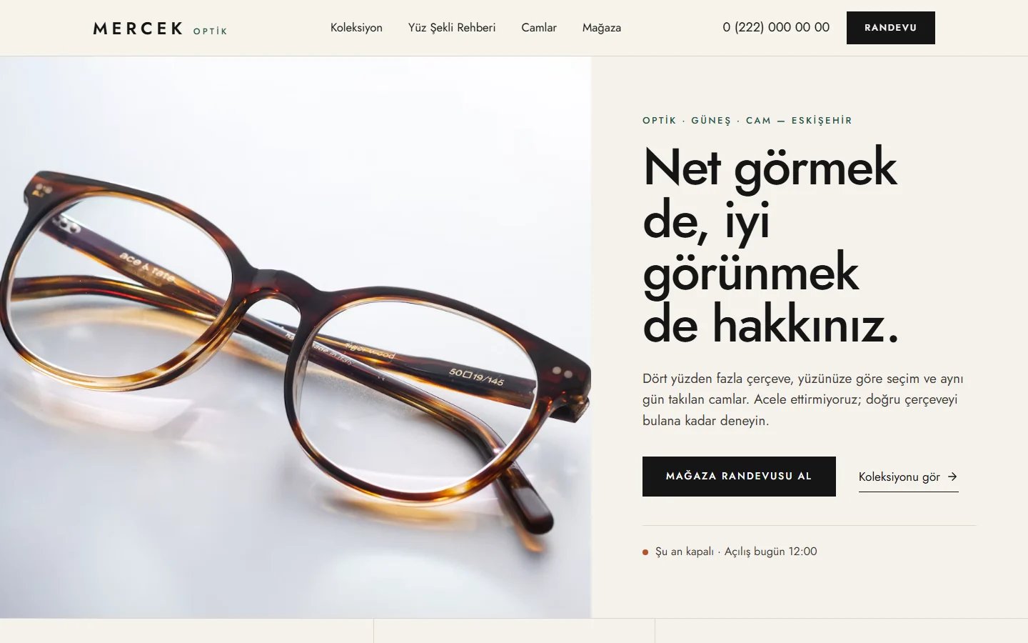 Gözlükçü ve Optik için örnek web sitesinin masaüstü açılış ekranı
