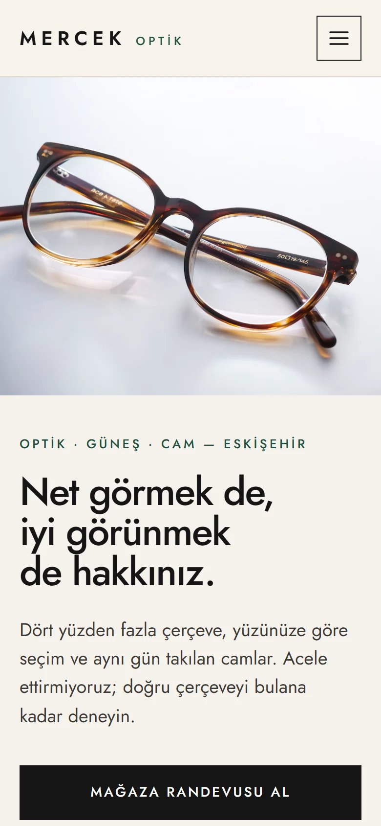 Gözlükçü ve Optik için örnek web sitesinin telefon görünümü