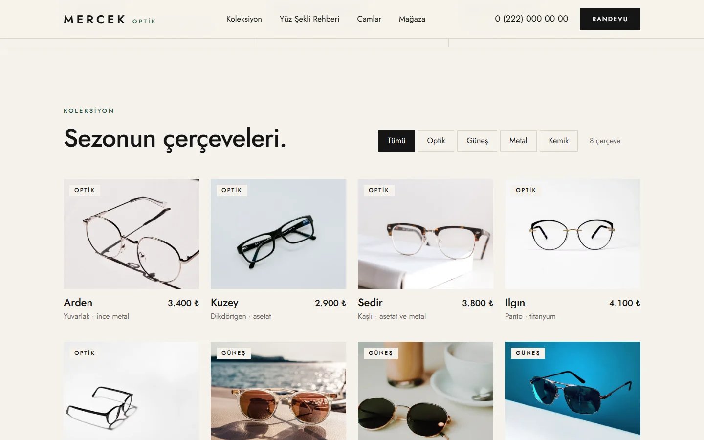 Gözlükçü ve Optik örnek web sitesinde filtrelenebilir çerçeve koleksiyonu bölümü