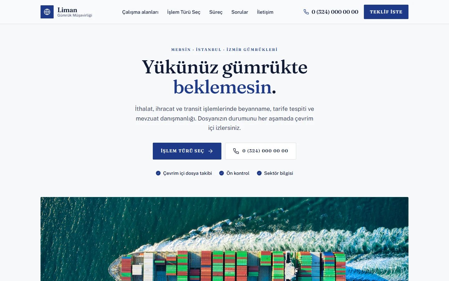 Gümrük Müşavirliği için örnek web sitesinin masaüstü açılış ekranı
