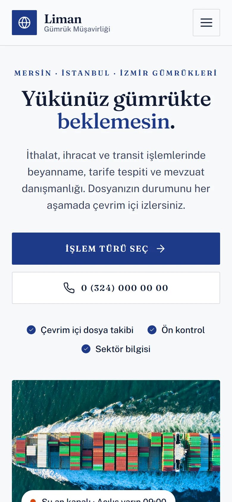 Gümrük Müşavirliği için örnek web sitesinin telefon görünümü
