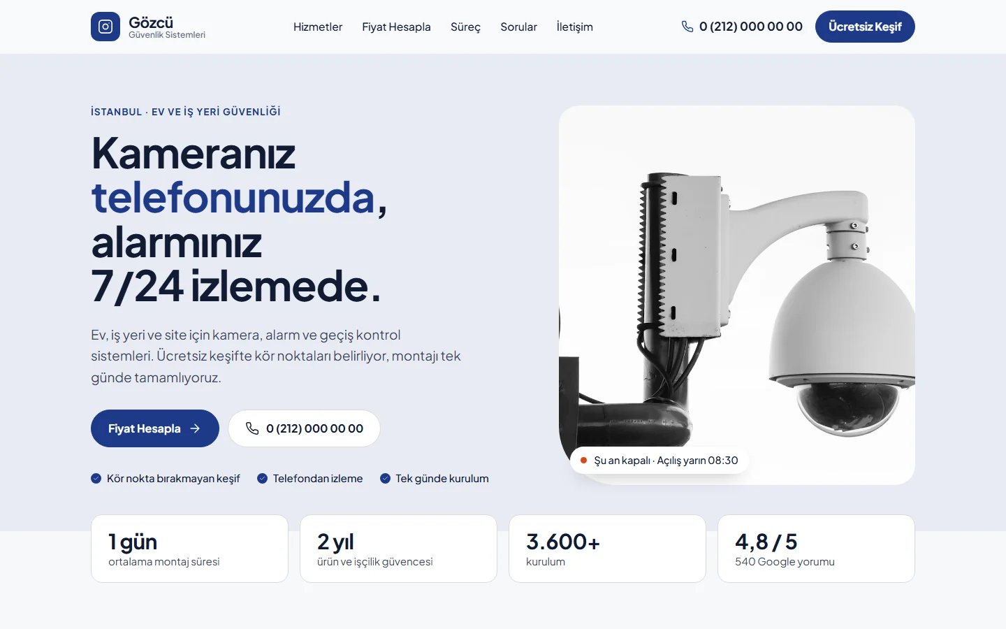 Güvenlik Kamera ve Alarm Sistemleri için örnek web sitesinin masaüstü açılış ekranı