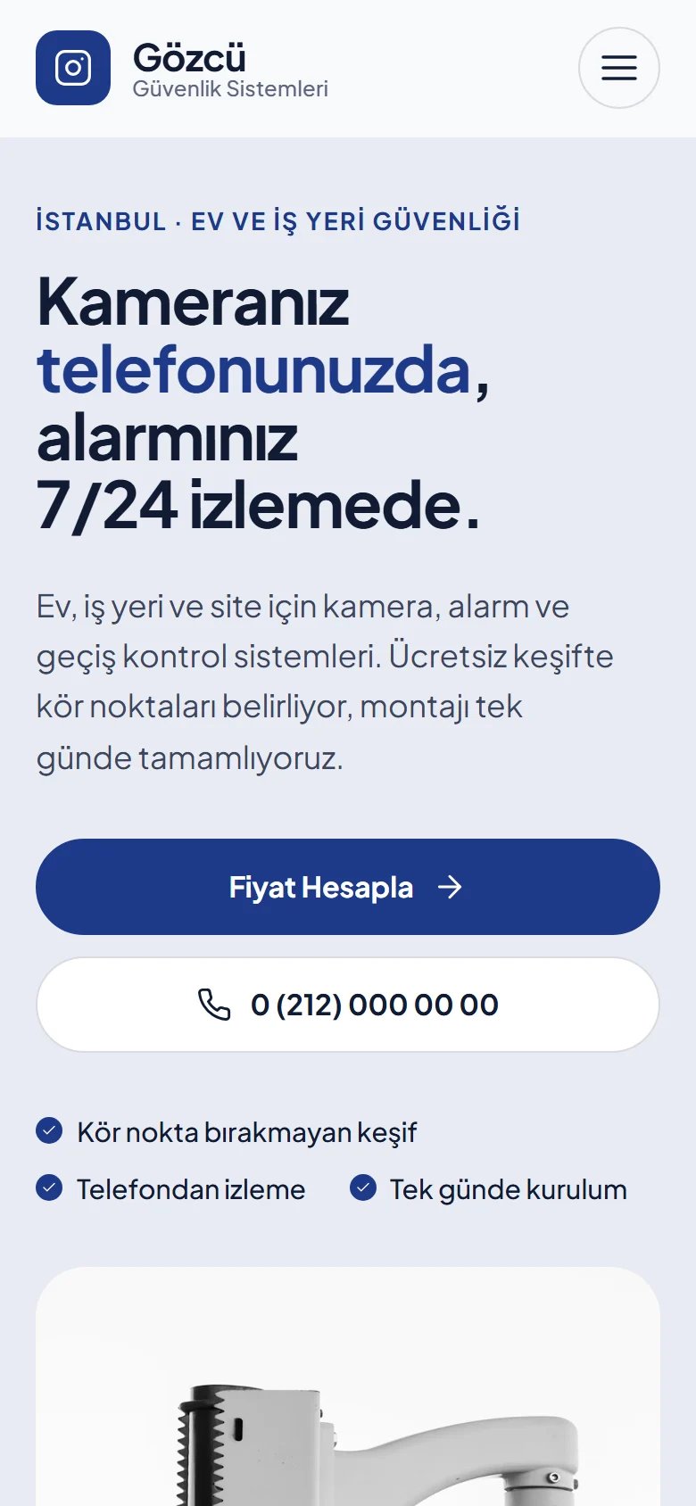 Güvenlik Kamera ve Alarm Sistemleri için örnek web sitesinin telefon görünümü