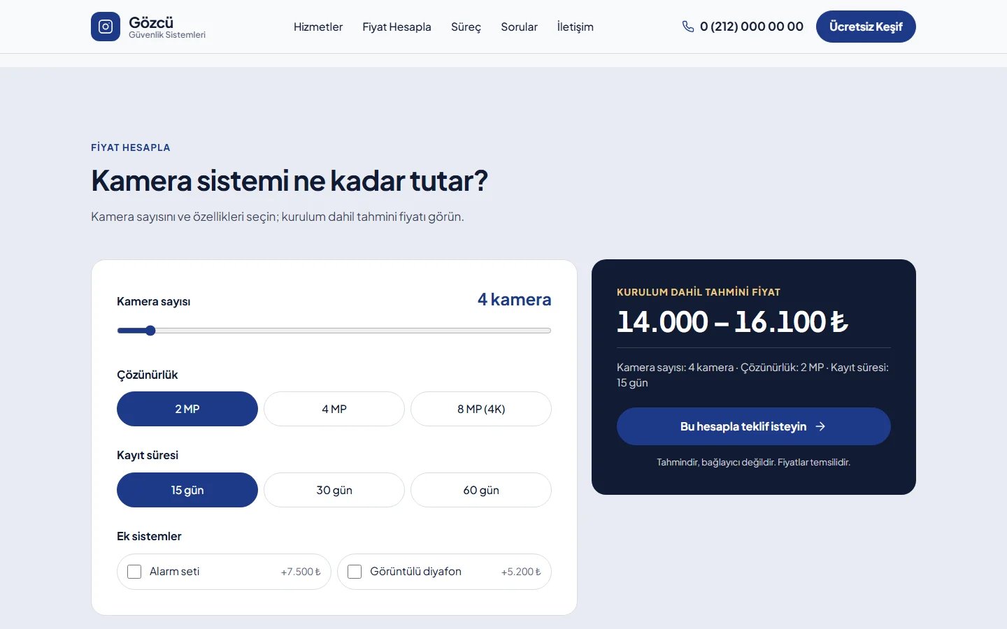 Güvenlik Kamera ve Alarm Sistemleri örnek web sitesinde hesaplama aracı bölümü