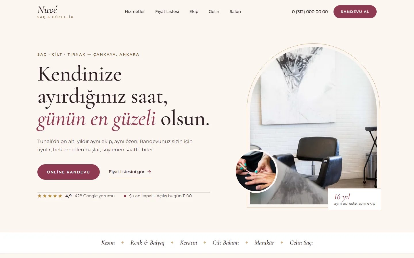 Kuaför ve Güzellik Salonu için örnek web sitesinin masaüstü açılış ekranı