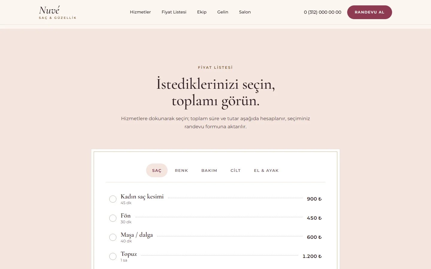 Kuaför ve Güzellik Salonu örnek web sitesinde seçmeli fiyat listesi bölümü
