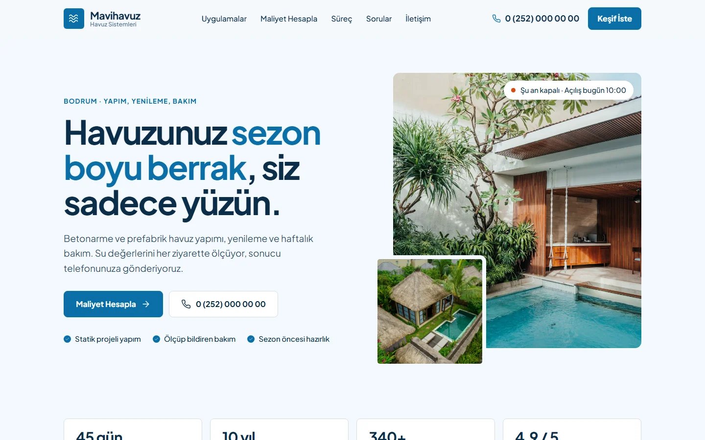 Havuz Yapım ve Bakım için örnek web sitesinin masaüstü açılış ekranı