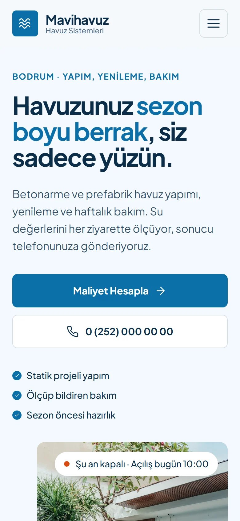 Havuz Yapım ve Bakım için örnek web sitesinin telefon görünümü