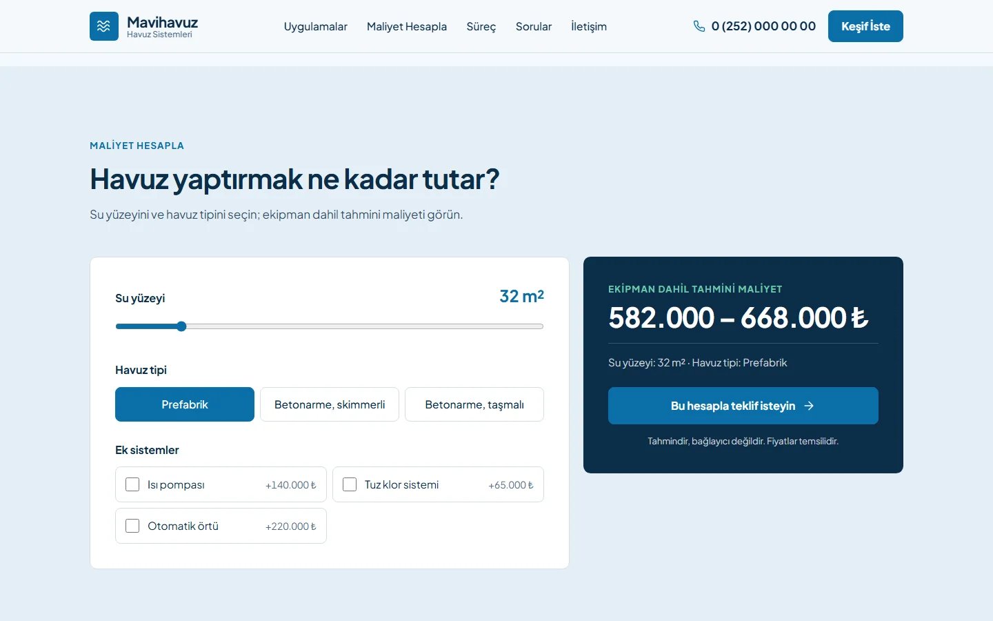 Havuz Yapım ve Bakım örnek web sitesinde hesaplama aracı bölümü