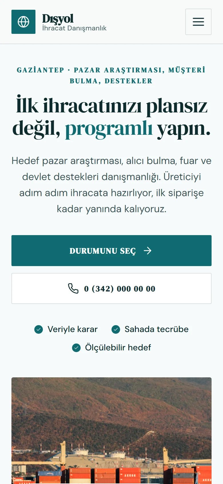 İhracat Danışmanlığı için örnek web sitesinin telefon görünümü