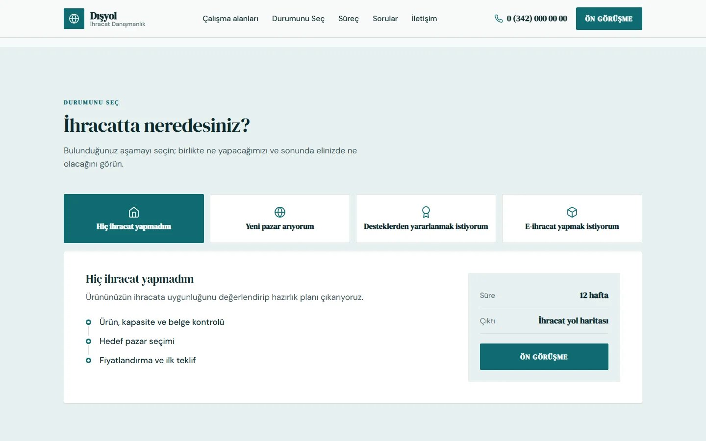İhracat Danışmanlığı örnek web sitesinde seçim aracı bölümü