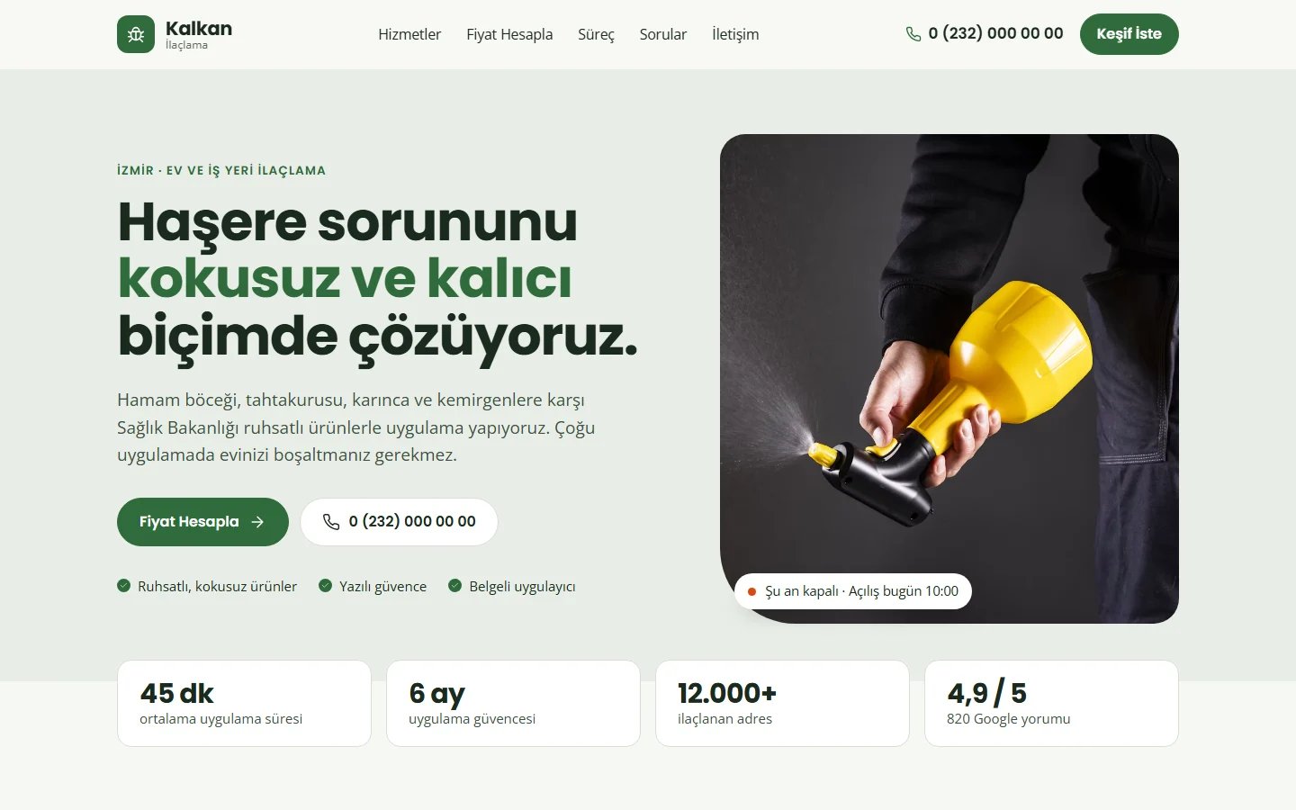 İlaçlama Firması için örnek web sitesinin masaüstü açılış ekranı