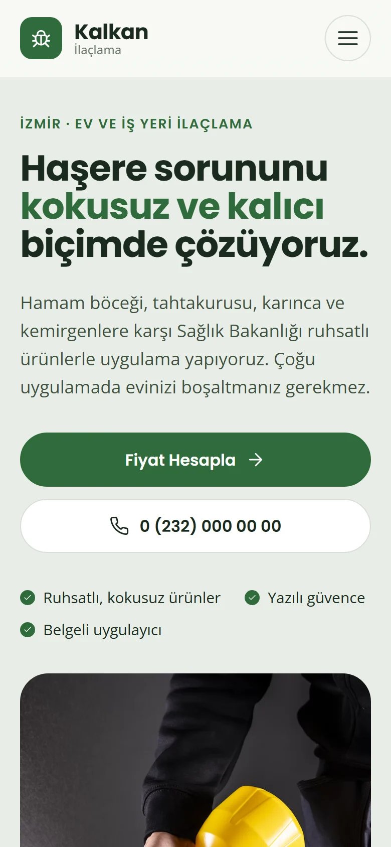 İlaçlama Firması için örnek web sitesinin telefon görünümü