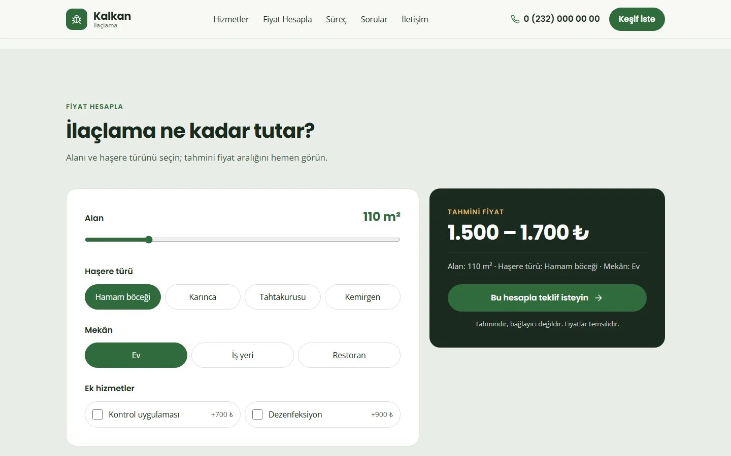 İlaçlama Firması örnek web sitesinde hesaplama aracı bölümü