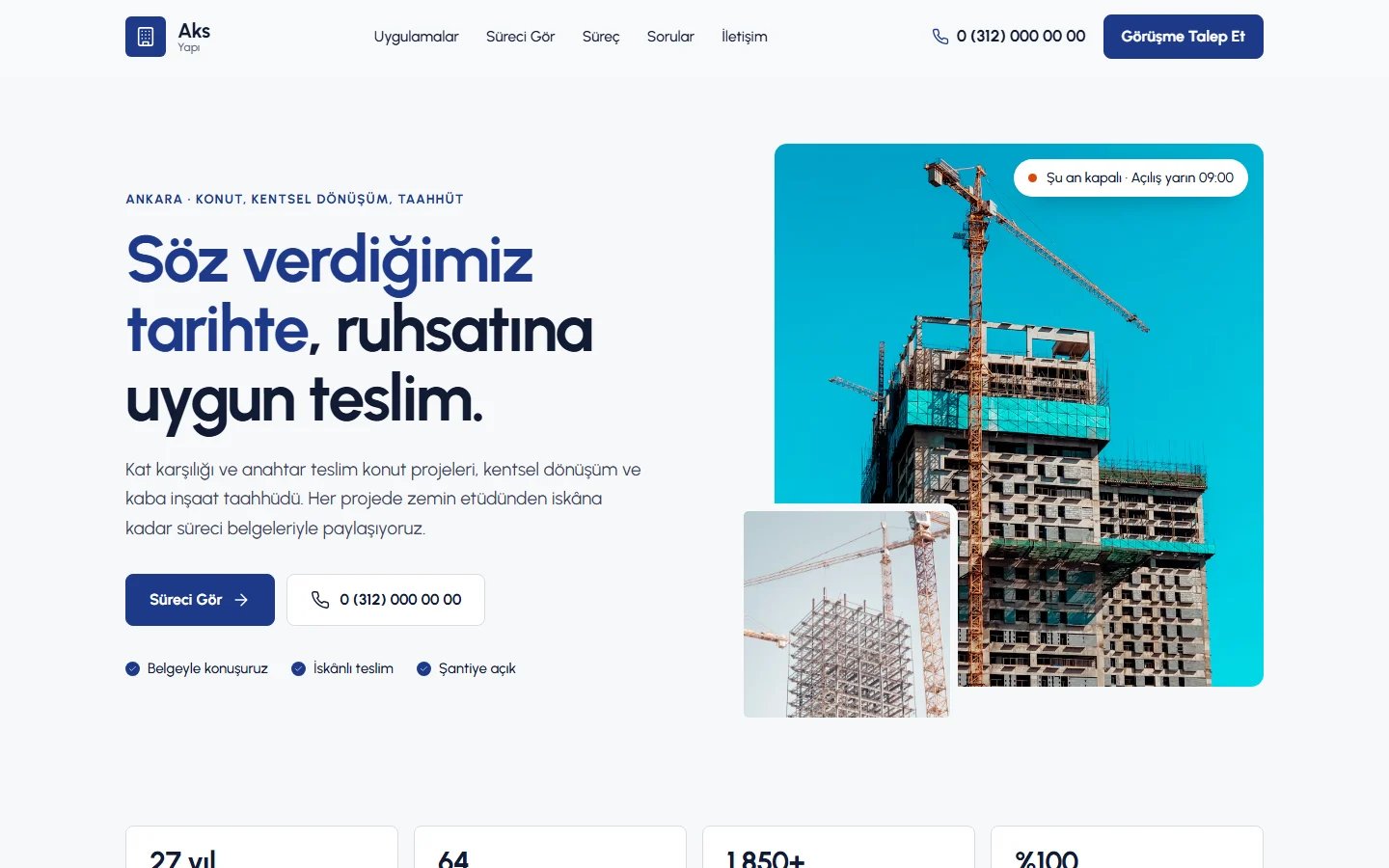 İnşaat ve Müteahhitlik için örnek web sitesinin masaüstü açılış ekranı