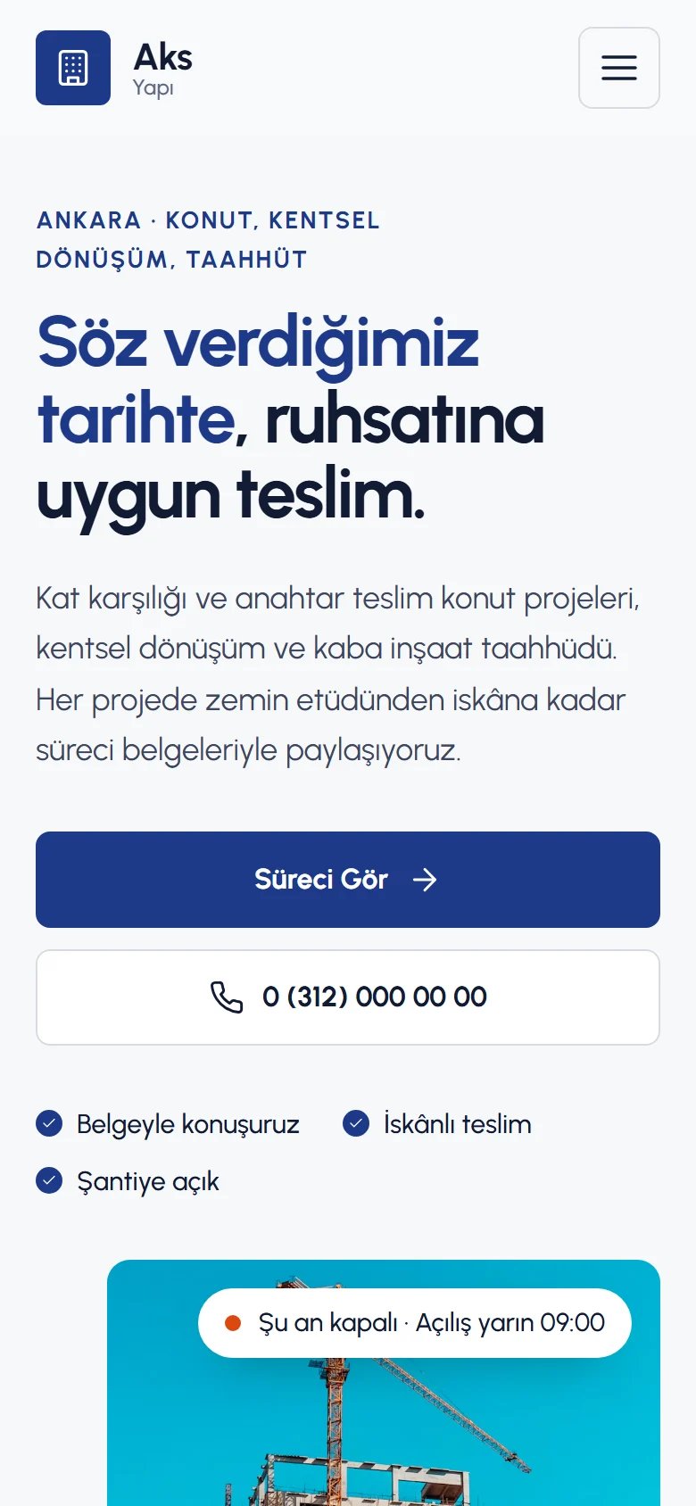 İnşaat ve Müteahhitlik için örnek web sitesinin telefon görünümü