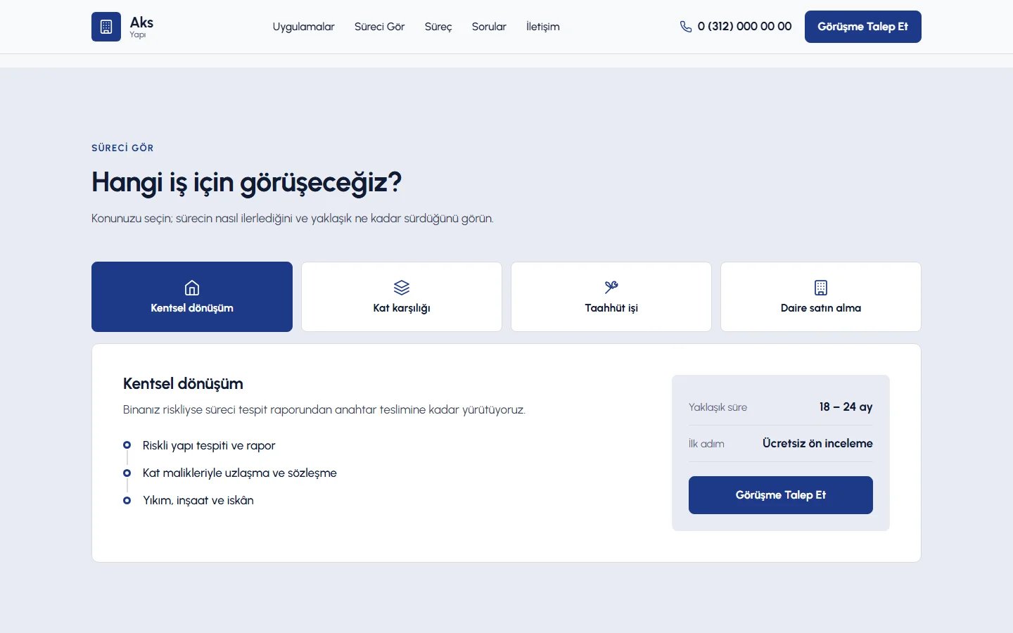 İnşaat ve Müteahhitlik örnek web sitesinde seçim aracı bölümü