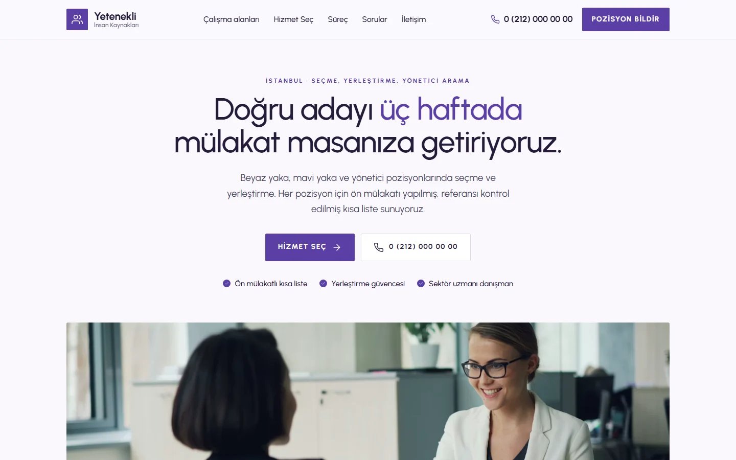 İnsan Kaynakları ve İşe Alım için örnek web sitesinin masaüstü açılış ekranı