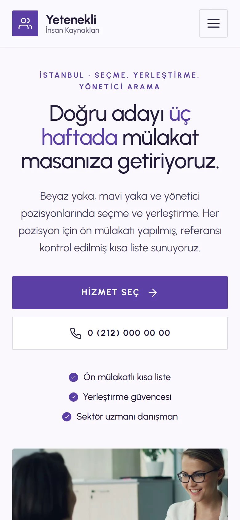 İnsan Kaynakları ve İşe Alım için örnek web sitesinin telefon görünümü