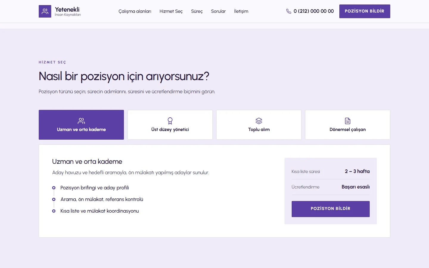 İnsan Kaynakları ve İşe Alım örnek web sitesinde seçim aracı bölümü