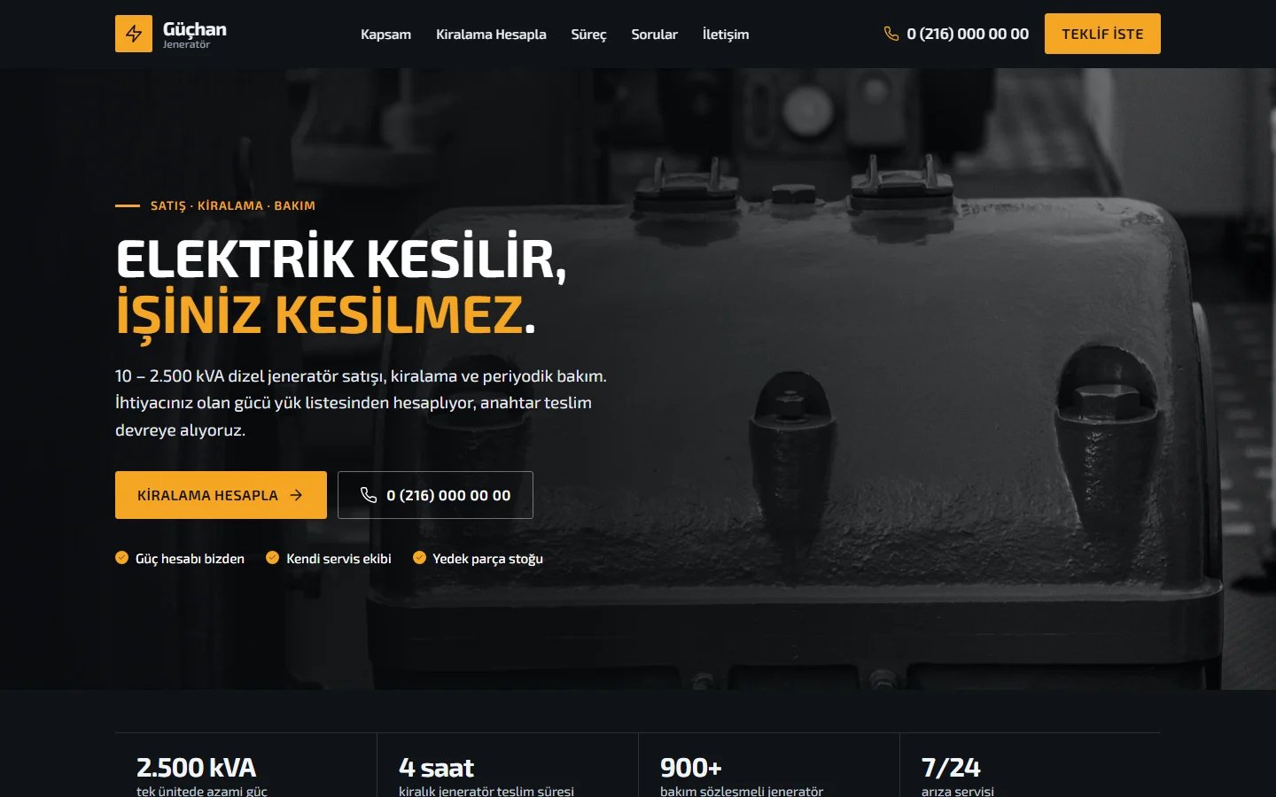 Jeneratör Satış ve Servis için örnek web sitesinin masaüstü açılış ekranı