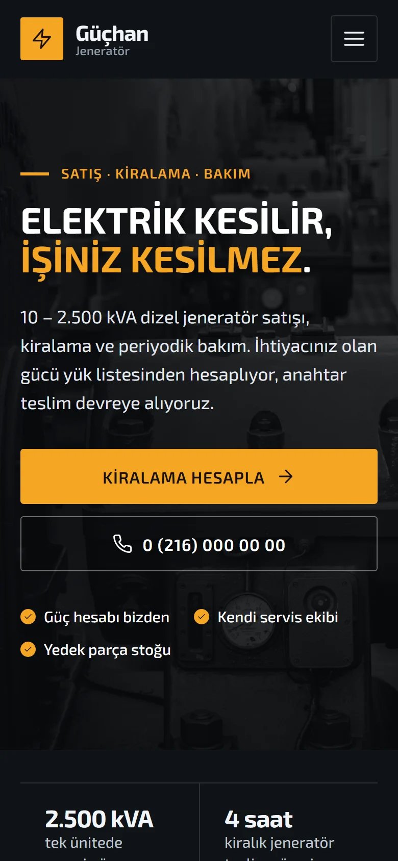 Jeneratör Satış ve Servis için örnek web sitesinin telefon görünümü