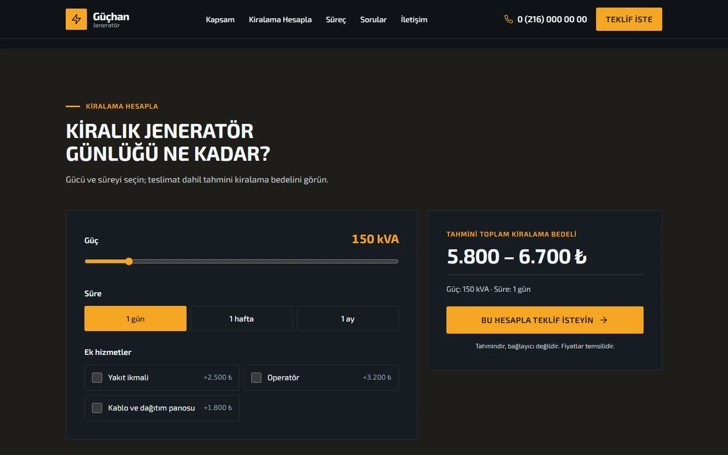 Jeneratör Satış ve Servis örnek web sitesinde hesaplama aracı bölümü
