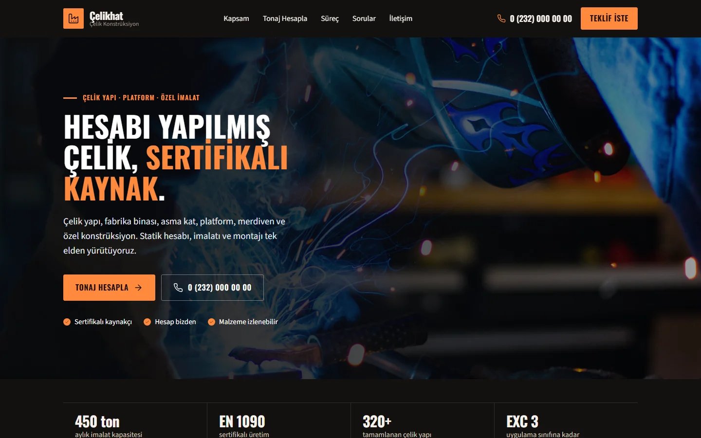 Kaynak ve Metal Konstrüksiyon için örnek web sitesinin masaüstü açılış ekranı
