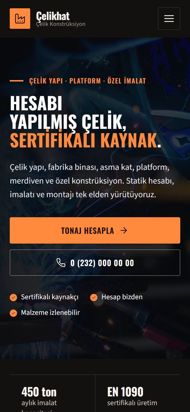 Kaynak ve Metal Konstrüksiyon için örnek web sitesinin telefon görünümü