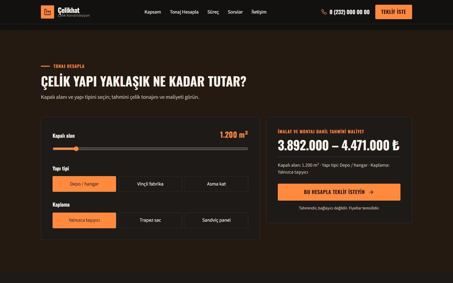 Kaynak ve Metal Konstrüksiyon örnek web sitesinde hesaplama aracı bölümü