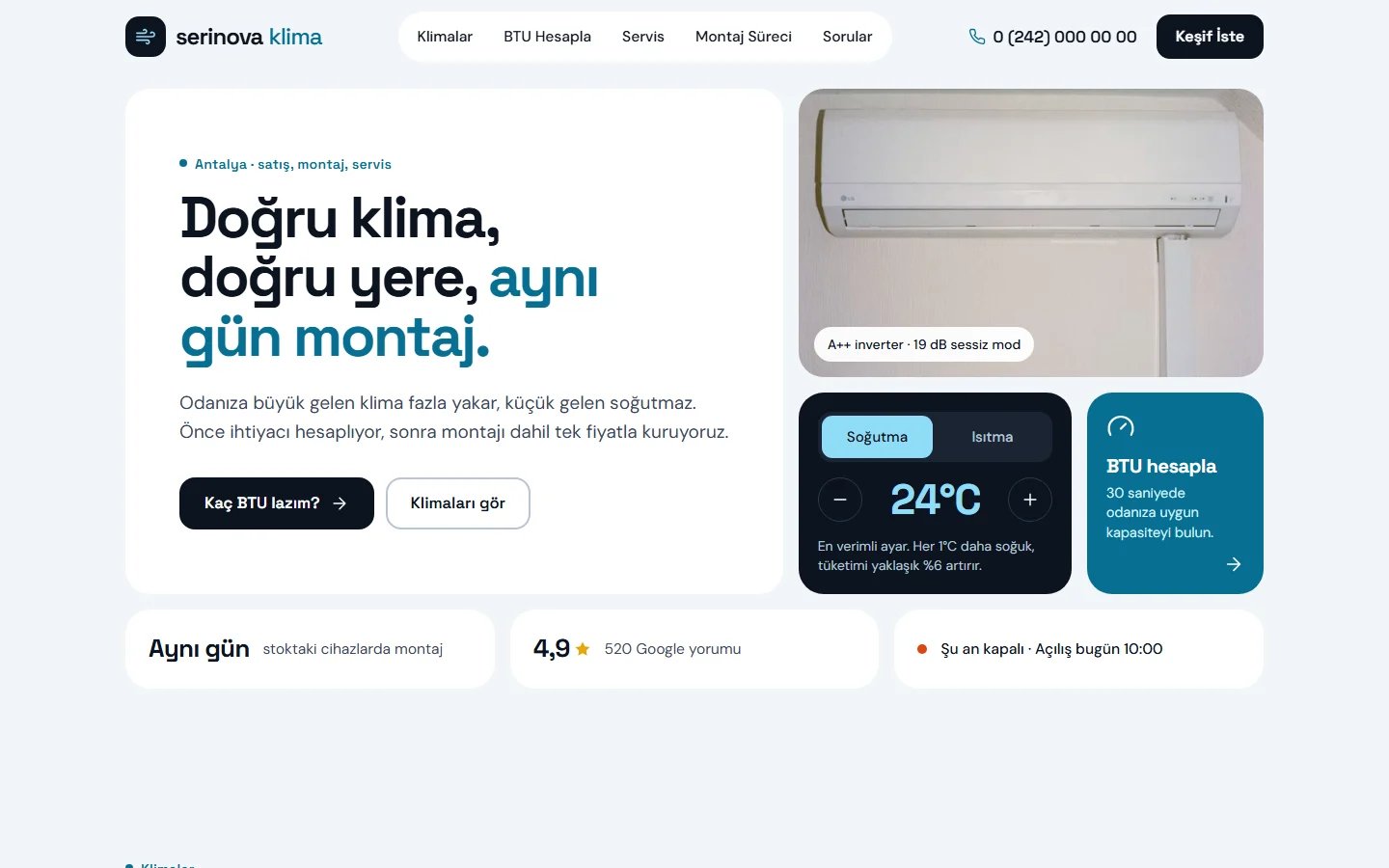 Klima Servisi için örnek web sitesinin masaüstü açılış ekranı