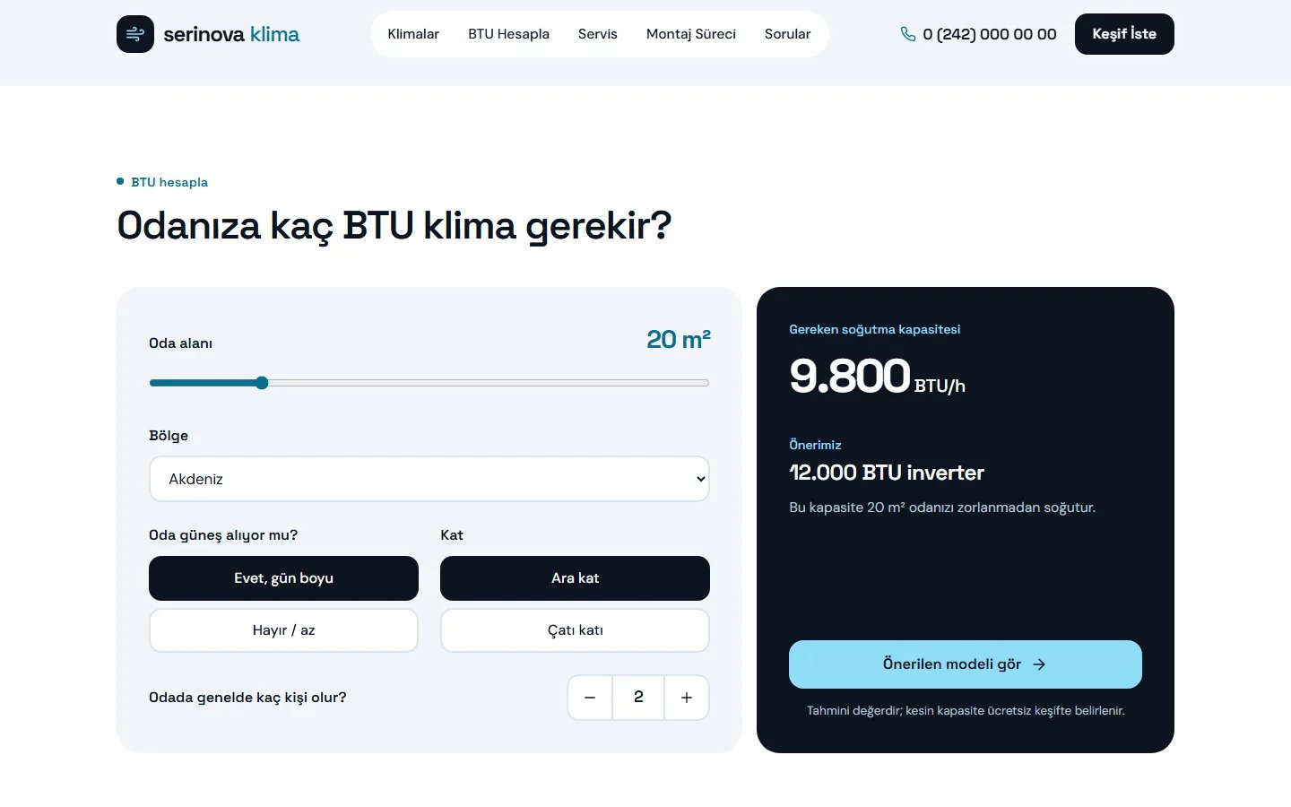 Klima Servisi örnek web sitesinde btu hesaplayıcı bölümü
