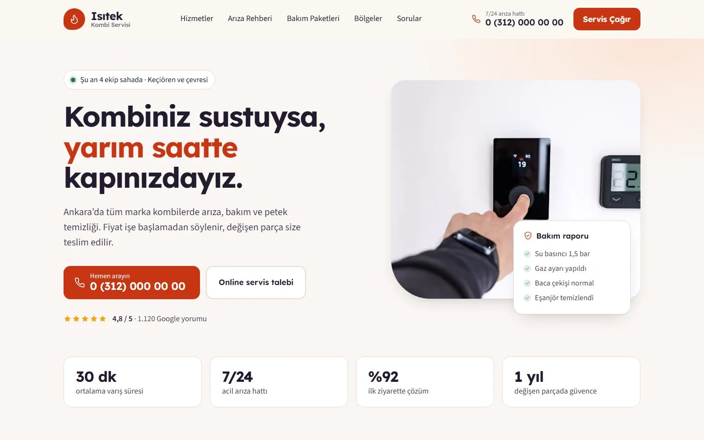Kombi Servisi için örnek web sitesinin masaüstü açılış ekranı