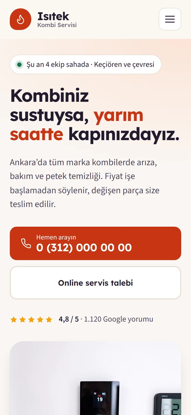 Kombi Servisi için örnek web sitesinin telefon görünümü