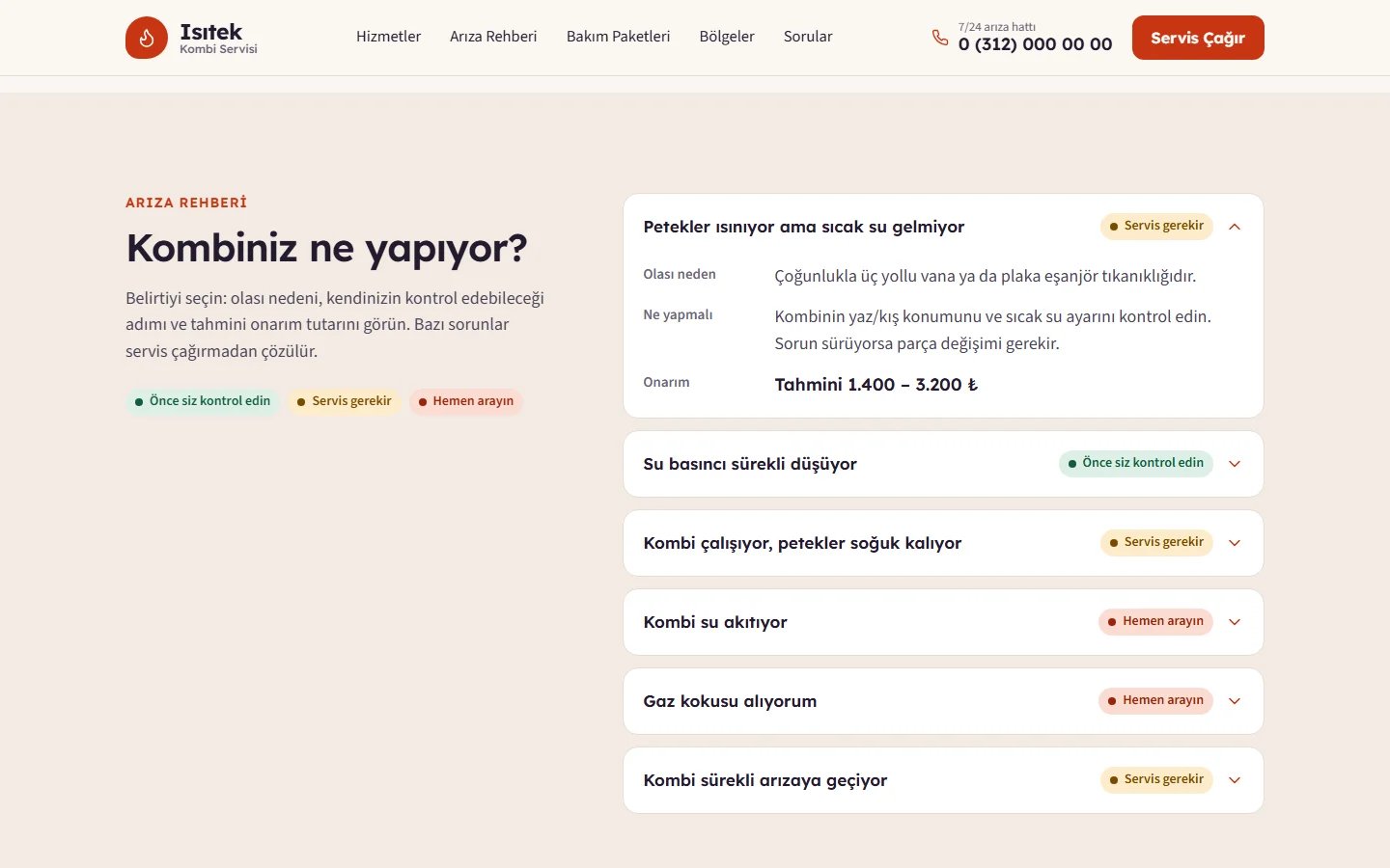 Kombi Servisi örnek web sitesinde belirtiye göre arıza rehberi bölümü