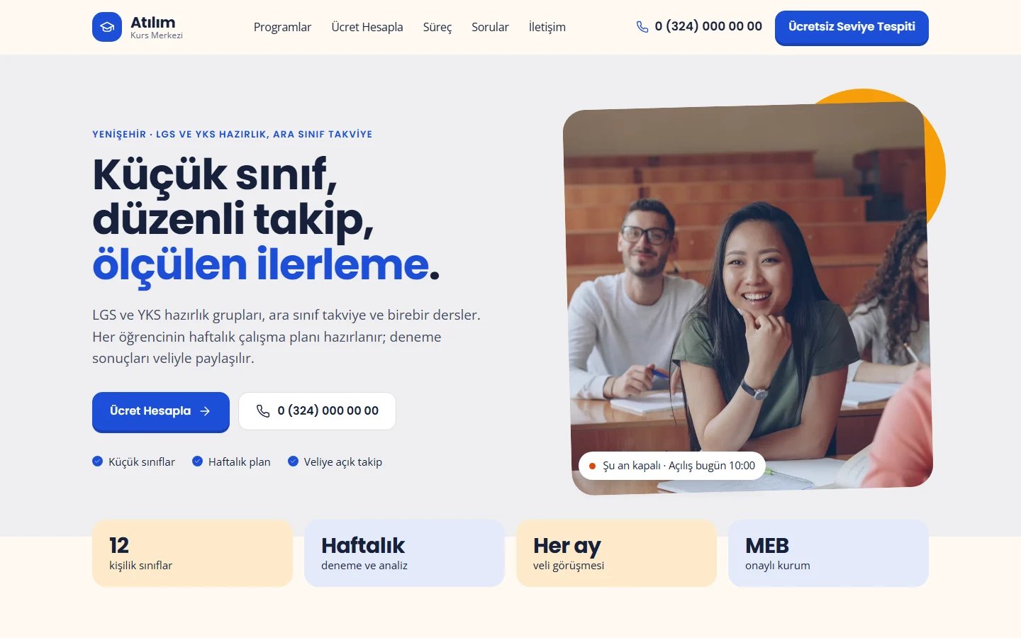 Özel Eğitim ve Kurs Merkezi için örnek web sitesinin masaüstü açılış ekranı