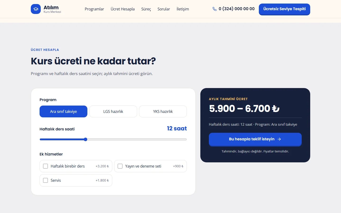 Özel Eğitim ve Kurs Merkezi örnek web sitesinde hesaplama aracı bölümü