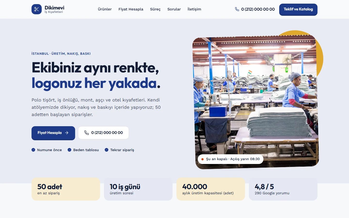 Kurumsal Tekstil ve İş Kıyafeti için örnek web sitesinin masaüstü açılış ekranı