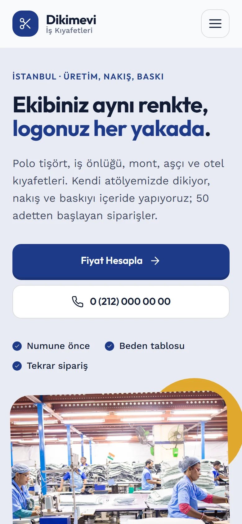 Kurumsal Tekstil ve İş Kıyafeti için örnek web sitesinin telefon görünümü