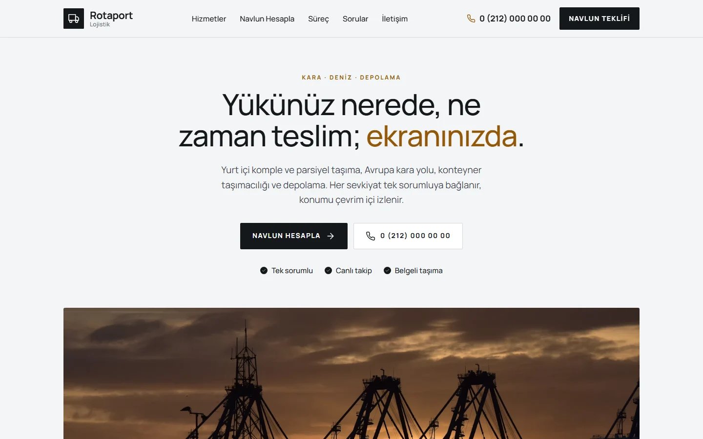 Lojistik ve Taşımacılık için örnek web sitesinin masaüstü açılış ekranı