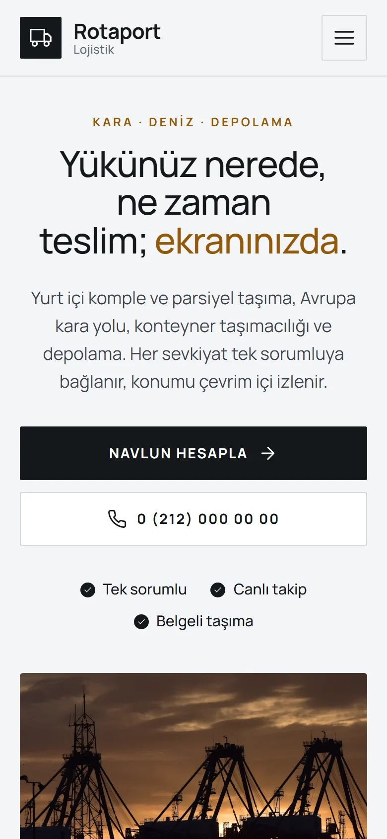 Lojistik ve Taşımacılık için örnek web sitesinin telefon görünümü