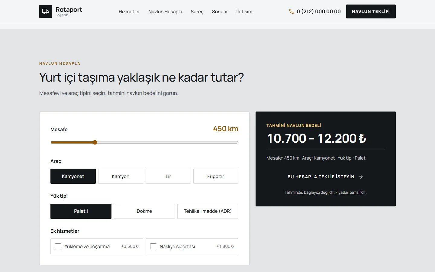 Lojistik ve Taşımacılık örnek web sitesinde hesaplama aracı bölümü