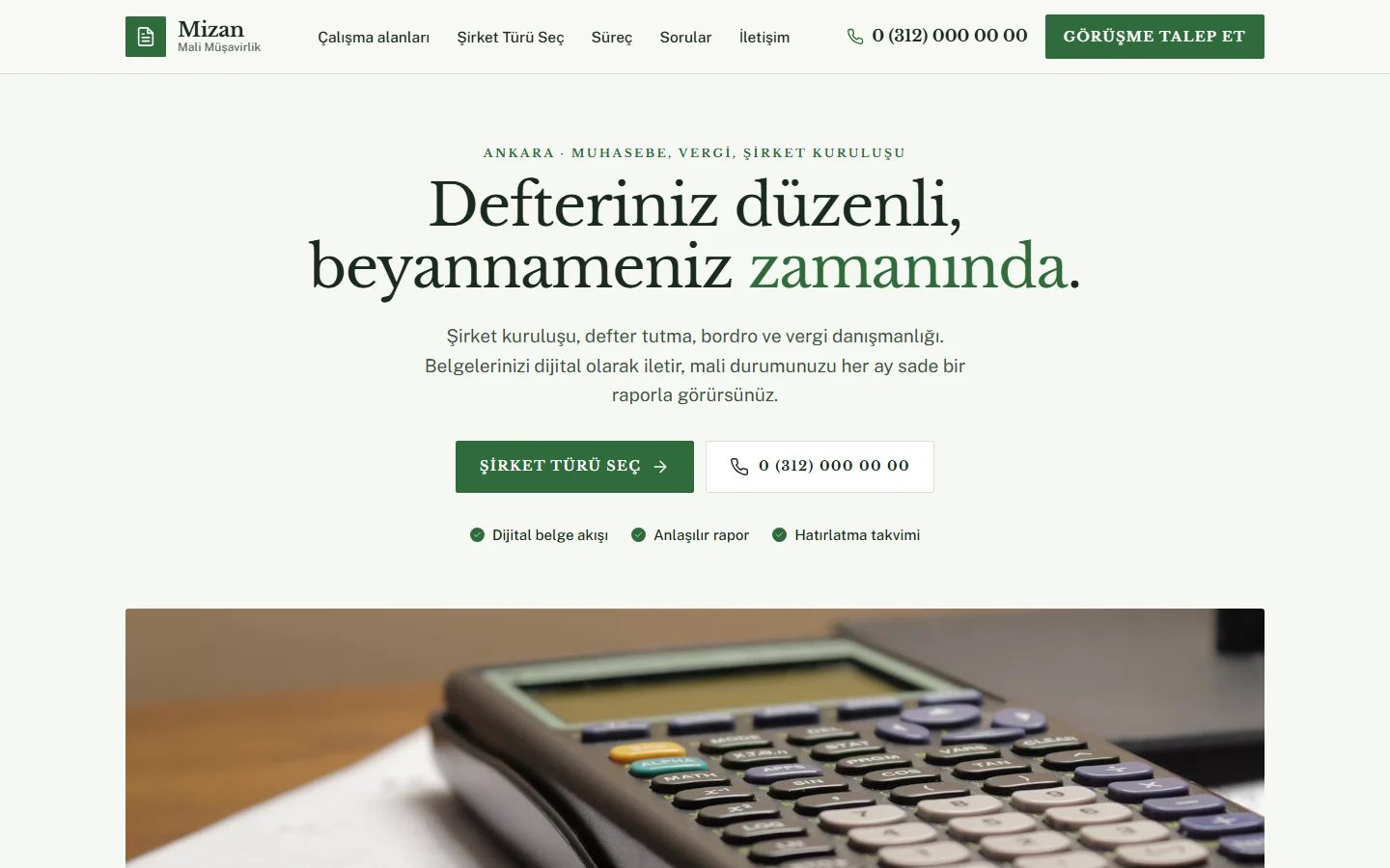 Mali Müşavir ve Muhasebe için örnek web sitesinin masaüstü açılış ekranı