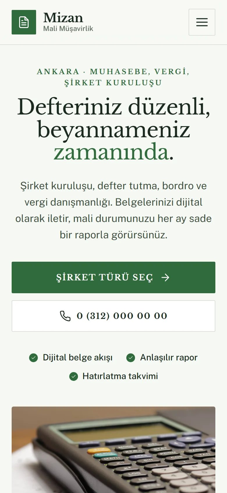 Mali Müşavir ve Muhasebe için örnek web sitesinin telefon görünümü