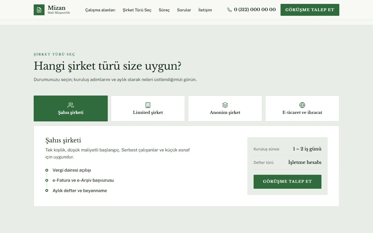 Mali Müşavir ve Muhasebe örnek web sitesinde seçim aracı bölümü